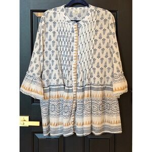 Rhea Cotton Block Print Tunic Top Blue Gold Pintuck Bell Sleeve L/XL